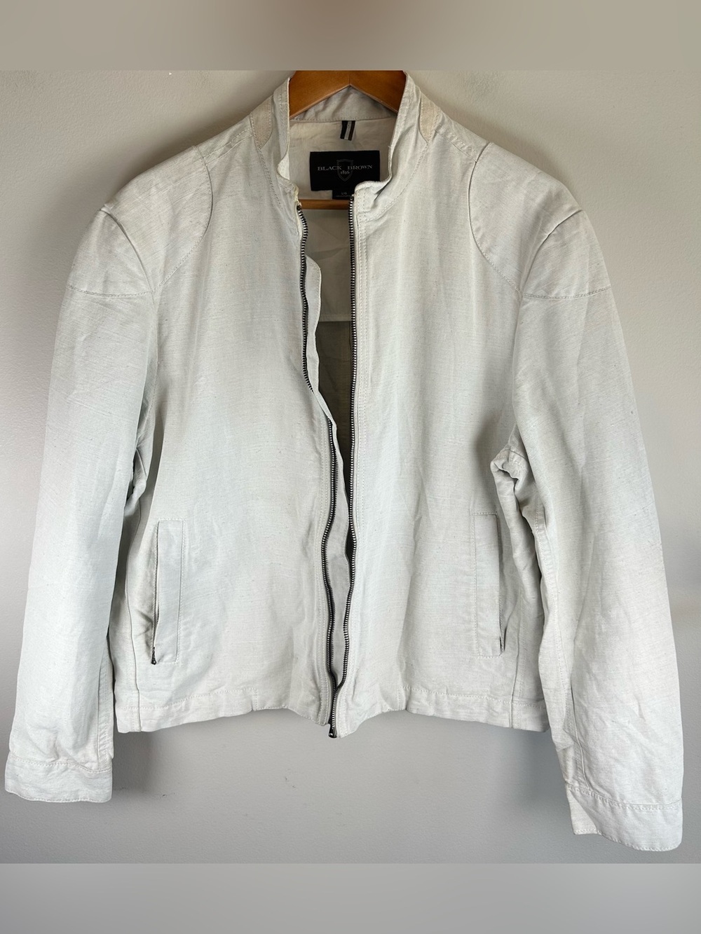 Black Brown 1826 Men's Bomber Jacket Size L Linen Blend Biker Elbow Patches - Picture 5 of 13